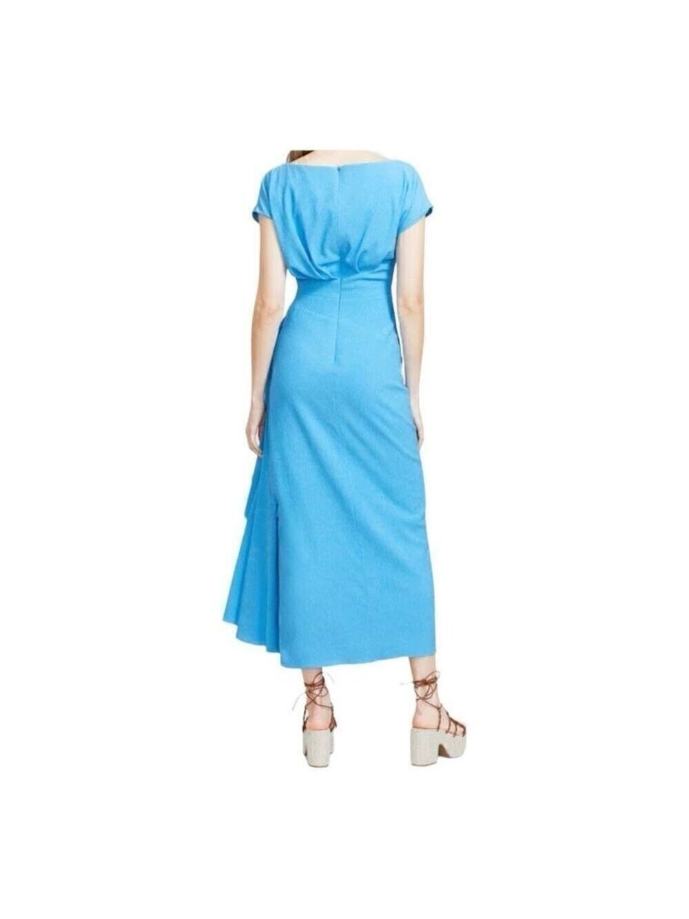 Lela Rose Blue Textured Crepe Side Ruched Midi Dress Size 6 - Picture 2 of 7